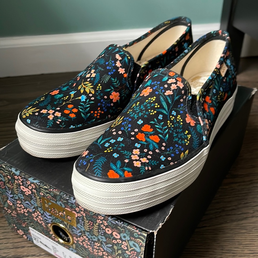 Rifle Paper Co x Keds Triple Decker Lively black floral slip on sneakers.